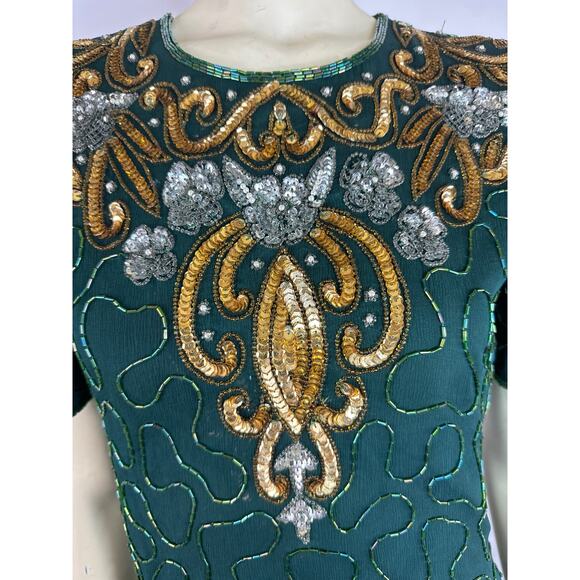 Vintage 90s Silk Cocktail Dress Fully Beaded Sequins Green size small petite - Picture 3 of 12